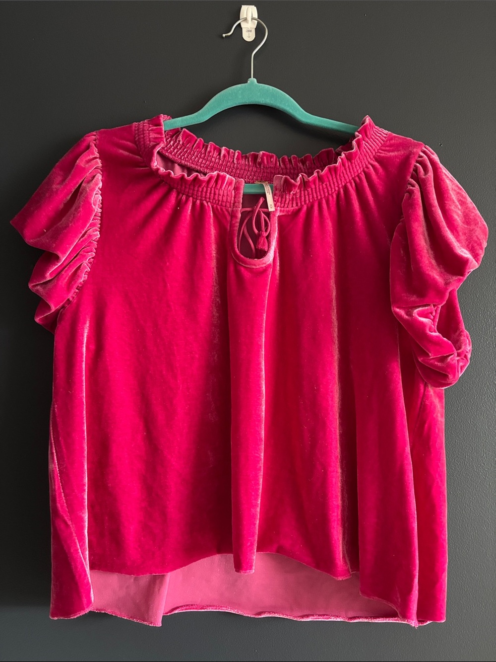 Free People Velvet Puff Sleeve Top in Bright Pink